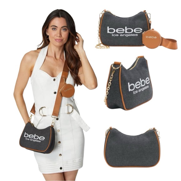 NWT Bebe Black and Tan Rian Denim Crossbody Crossbody Bag with Adjustable strap - Picture 1 of 17